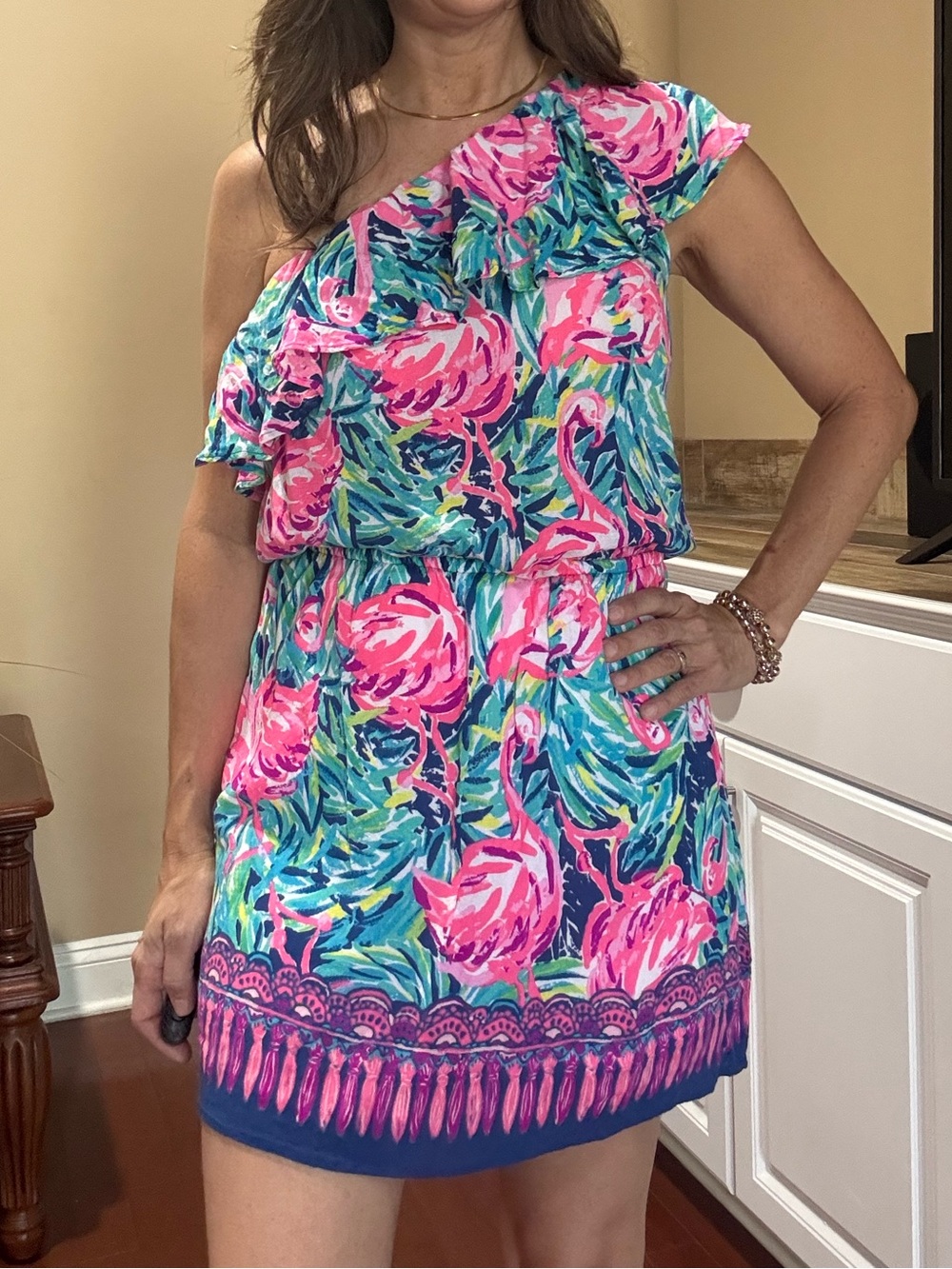 Lilly Pulitzer One-Shoulder Floral Romper in Pink & Teal